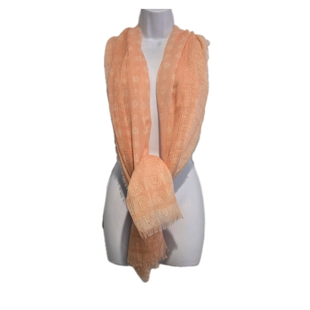 Long Peach‎ White Print Tight & Open Knit Lightweight Scarf 74" X 36"